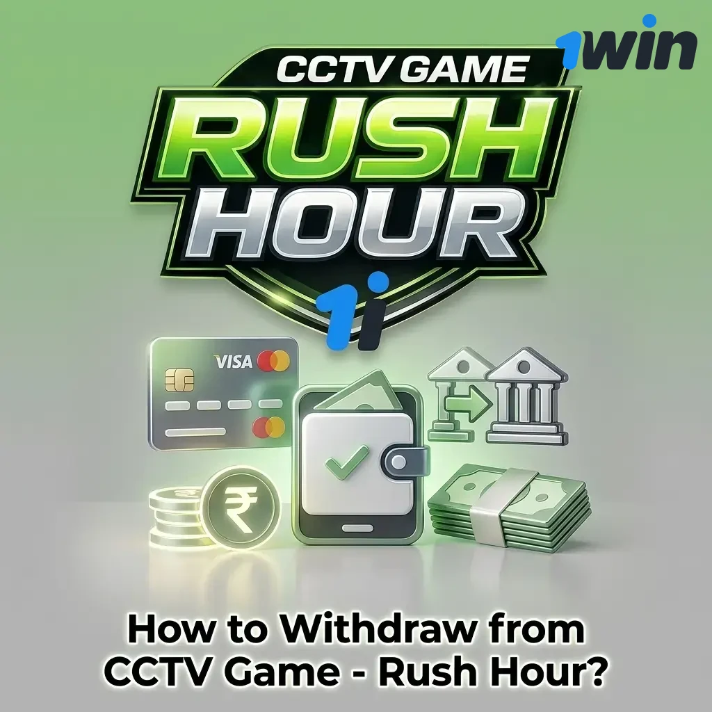 1win app cashier section showing withdrawal options for CCTV Game Rush Hour with UPI and bank transfer methods