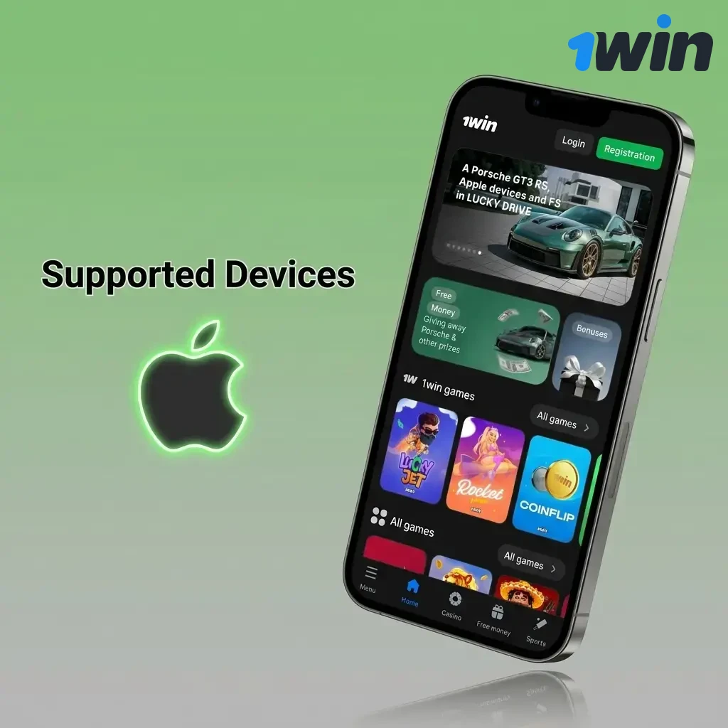 Apple devices supported by 1win app including iPhone SE to iPhone 15 Pro Max and iPads running iOS 12 or later