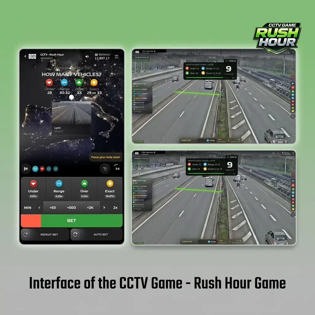 CCTV Game Rush Hour interface showing central multiplier display, bet entry field, cashout button and auto-cashout settings