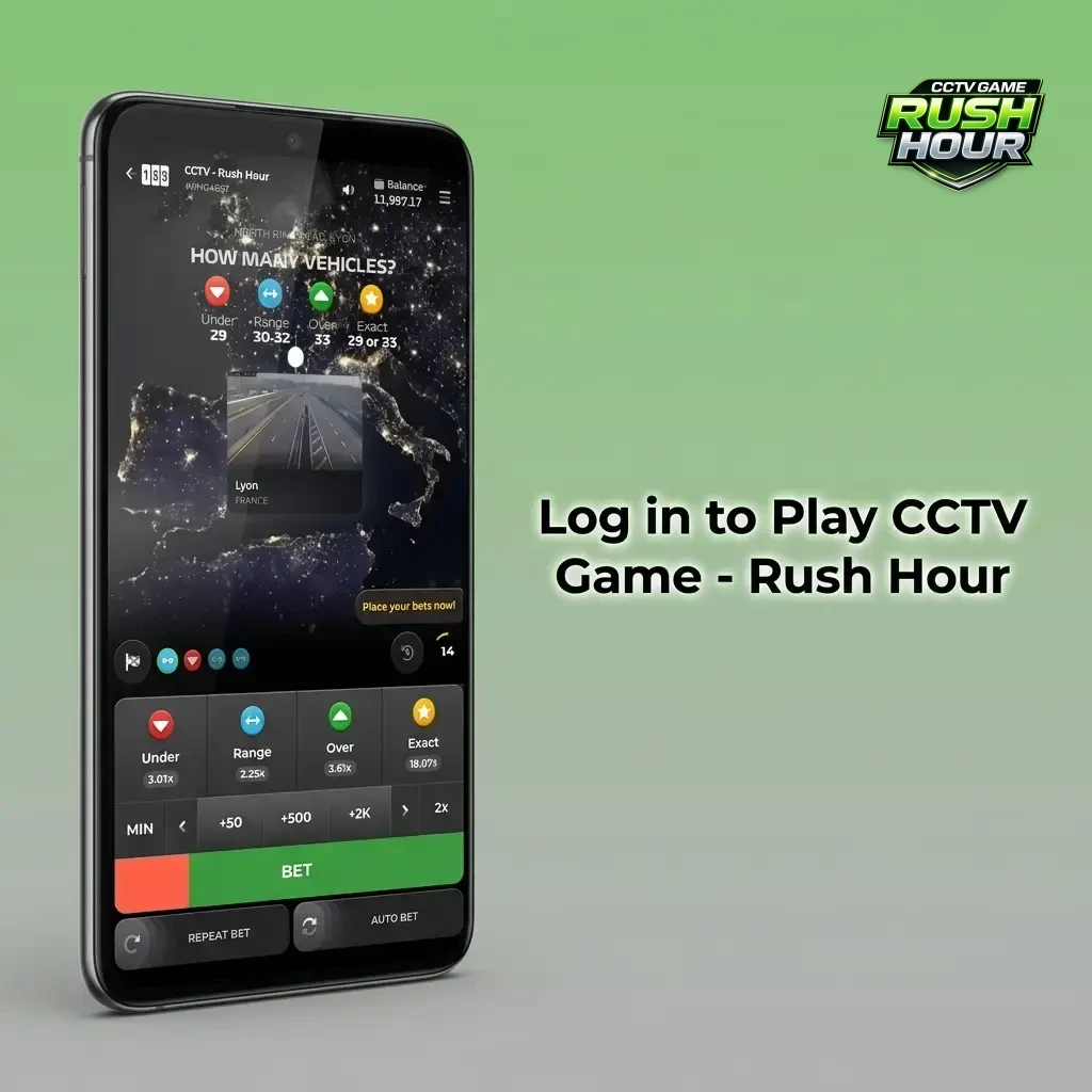 Casino login screen showing steps to access CCTV Game Rush Hour via phone, email, or social network sign-in