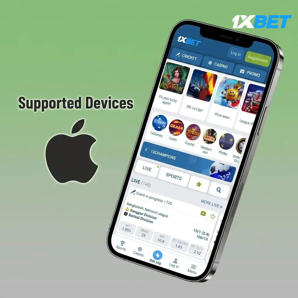Apple devices supported by 1xbet app including iPhone SE, iPhone 12 to 15 Pro and iPad models running iOS 12 or later