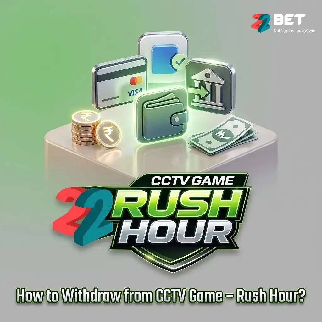 22Bet app withdrawal steps for CCTV Game Rush Hour showing cashier section, UPI and bank transfer options