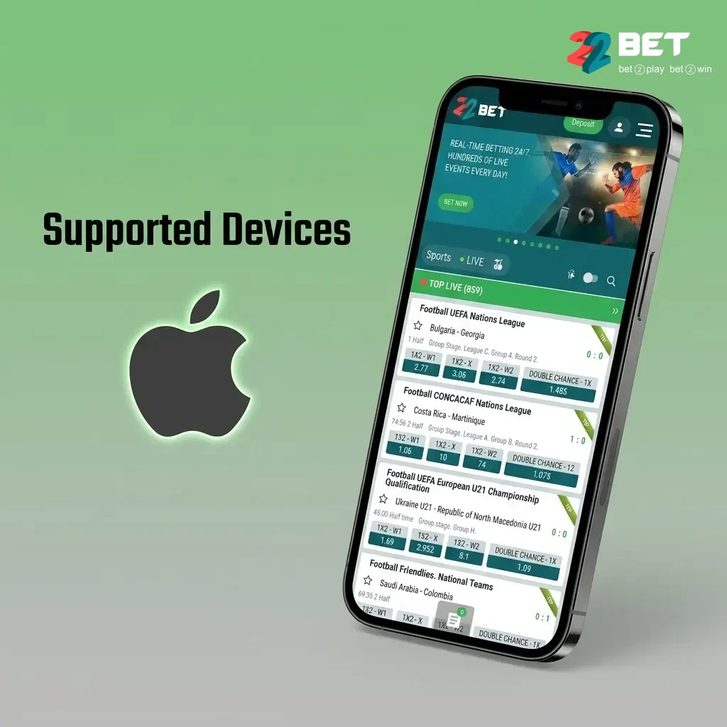 Apple iPhones and iPads supported by 22Bet app for CCTV Game Rush Hour on iOS 12 or later