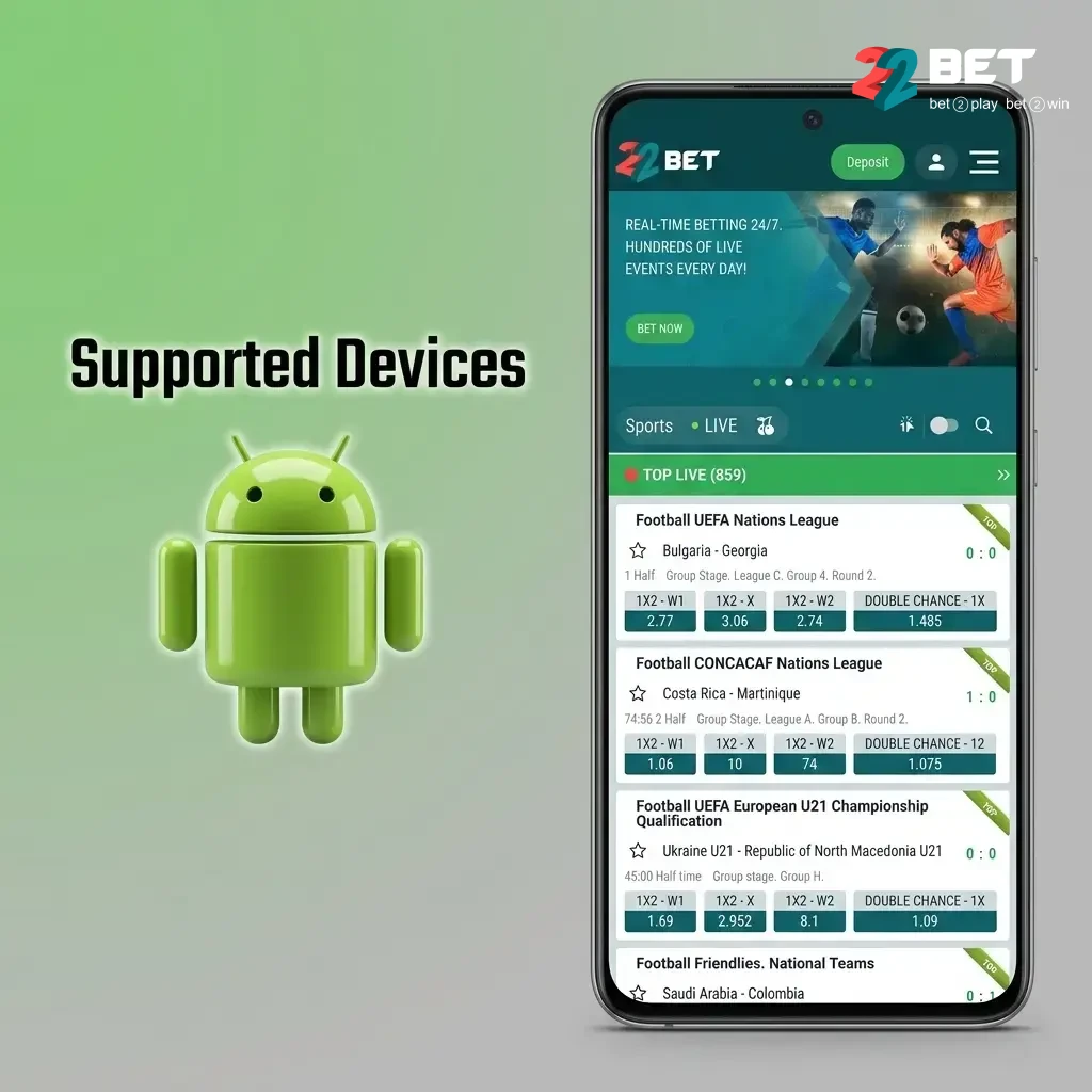 Android devices supported by 22Bet app across budget, mid-range, and flagship tiers including Redmi, Samsung, and OnePlus models