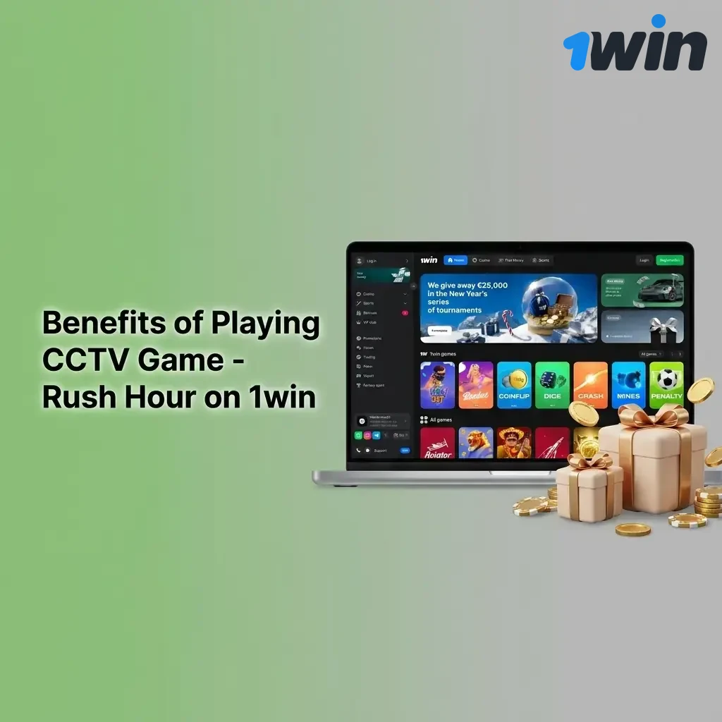 Benefits of playing CCTV Game Rush Hour on 1win showing 97% RTP, INR support, demo mode, and mobile optimised features