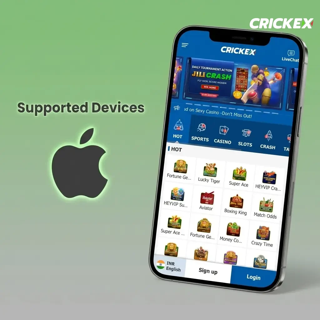 Crickex app supported Apple devices list including iPhone 11 to 15 and iPad Air running iOS 12 or later