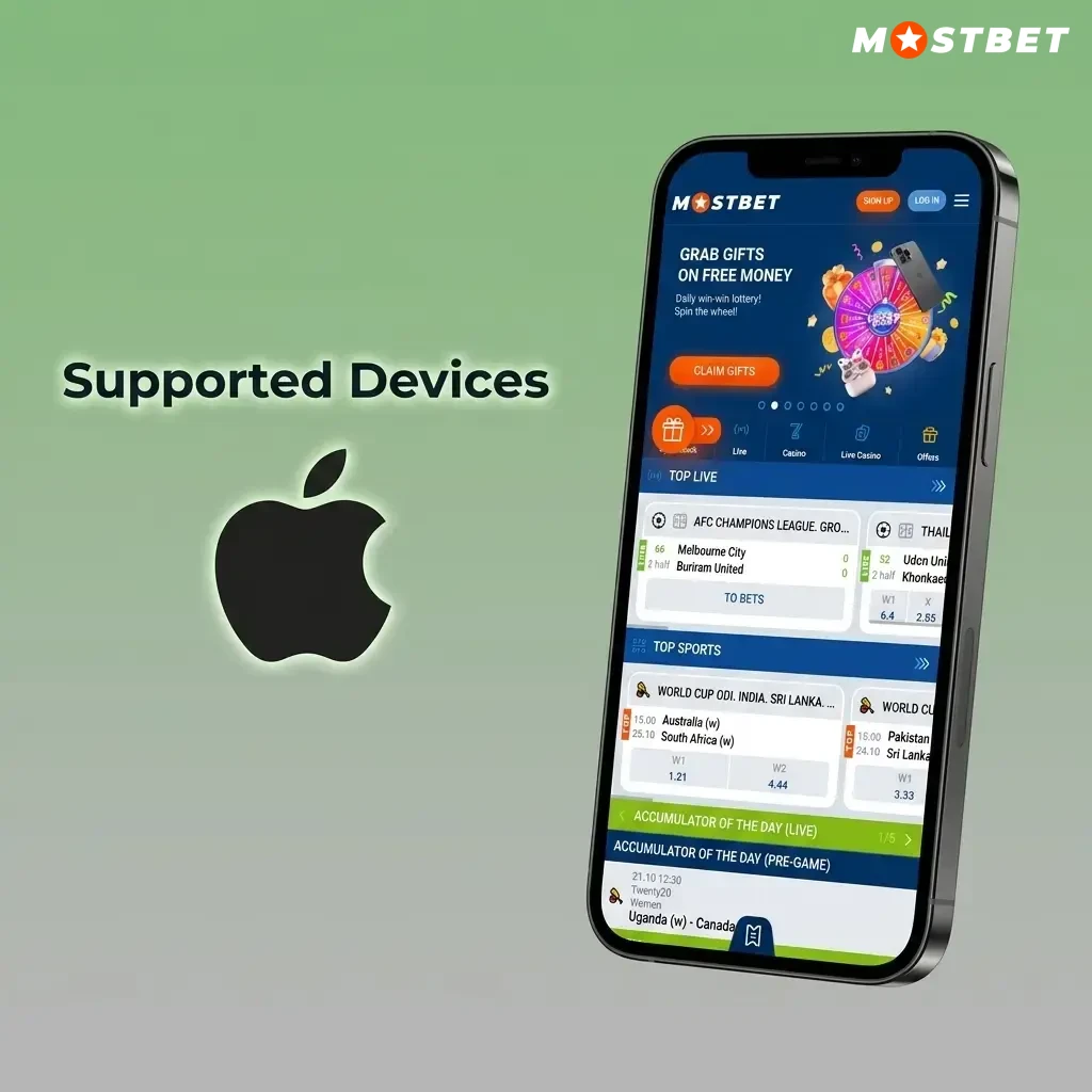 Apple devices supported by Mostbet app including iPhone SE, iPhone 11 to 15 Pro Max, and iPad models running iOS 12 or later